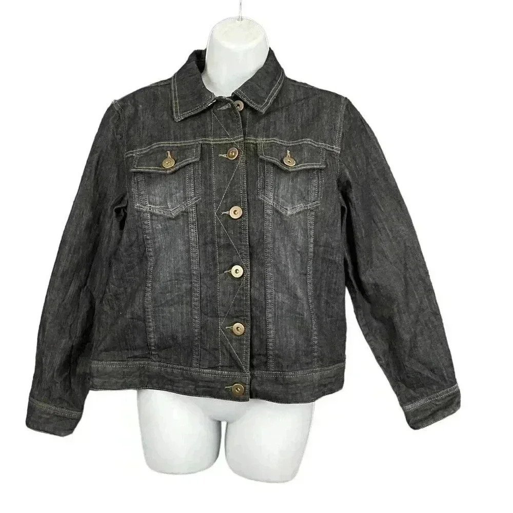 Coldwater Creek Denim Jacket With Plaid Flannel‎ SMALL Women's Charcoal